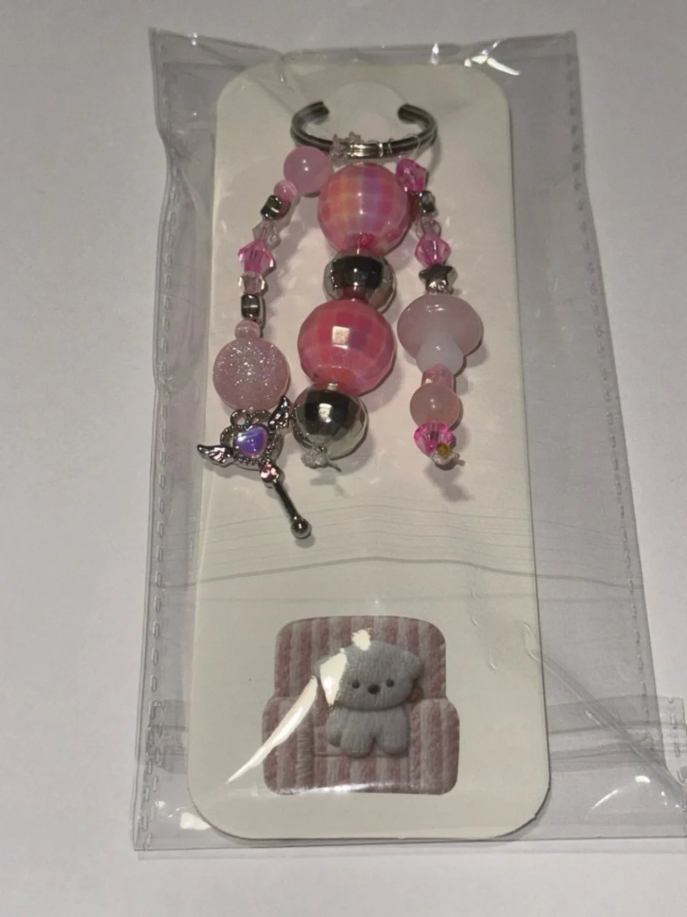 Beaded Pink Keychain Charm with Angel Wing Accent